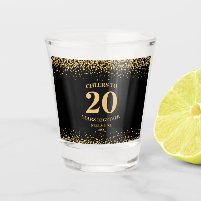 Gold Black Glitter Cheers To 20 Years Anniversary Shot Glass (Front)