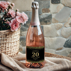 Gold Black Glitter Cheers To 20 Years Anniversary Sparkling Wine Label