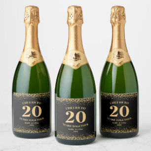 Gold Black Glitter Cheers To 20 Years Anniversary Sparkling Wine Label
