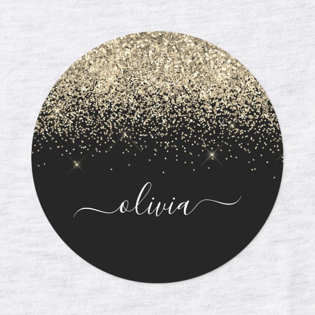 Gold Black Glitter Chic Monogram Name Labels (Design 1)