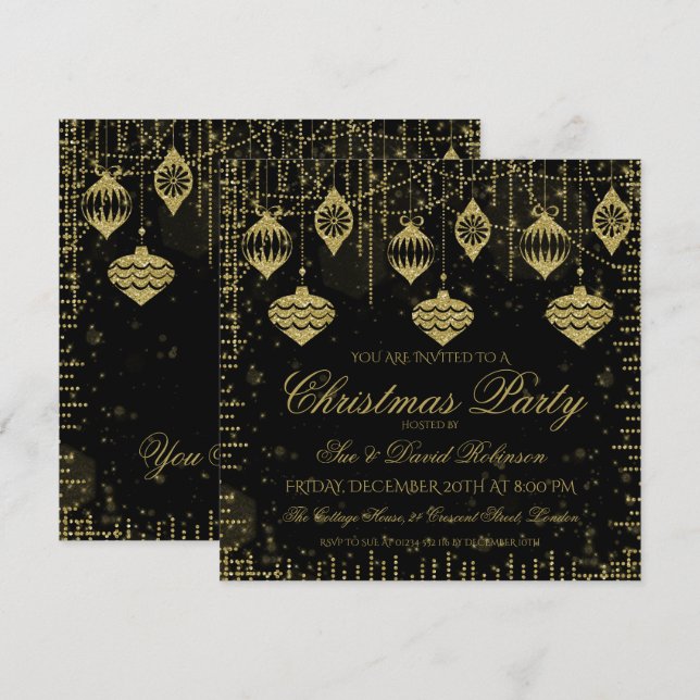 Gold & Black Glitter Christmas Holiday Party Invitation (Front/Back)