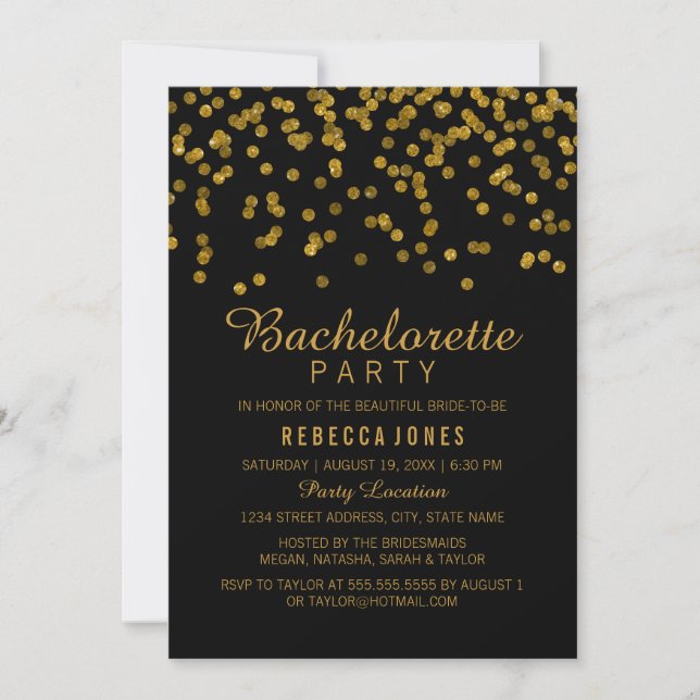 Gold Black Glitter confetti Bachelorette Party Invitation (Front)
