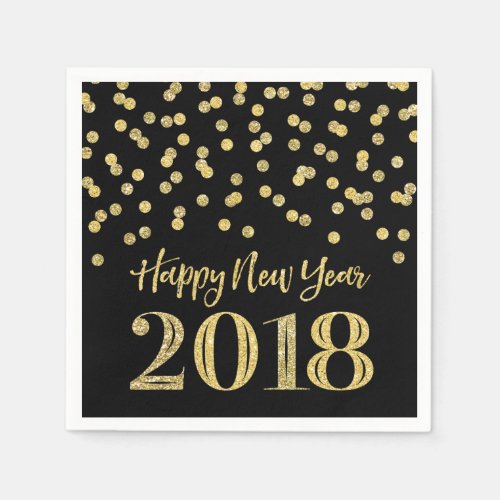Gold Black Glitter Confetti Happy New Year 2018 Paper Napkins
