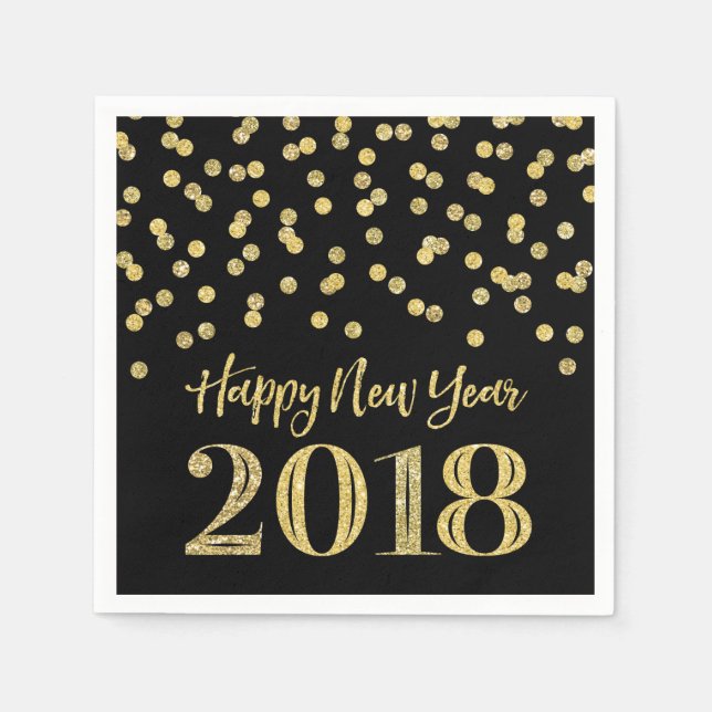 Gold Black Glitter Confetti Happy New Year 2018 Paper Napkins (Front)