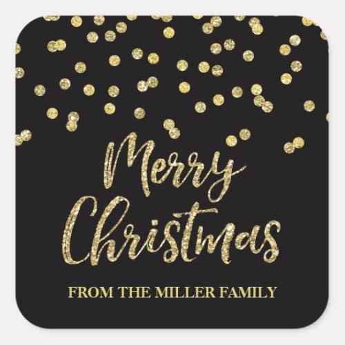 Gold Black Glitter Confetti Merry Christmas Custom Square Sticker