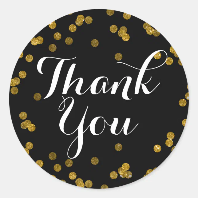 Gold Black Glitter Confetti Thank You Sticker | Zazzle