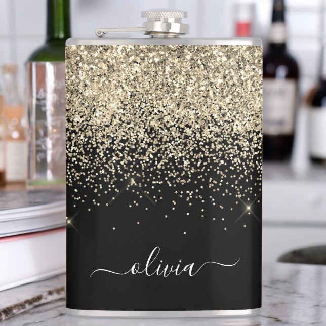 Gold Black Glitter Custom Monogram Name Flask (Creator Uploaded)
