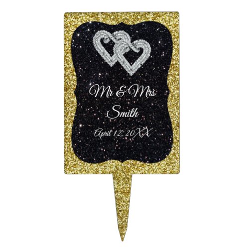 Gold Black Glitter Diamond Hearts Wedding  Cake Topper