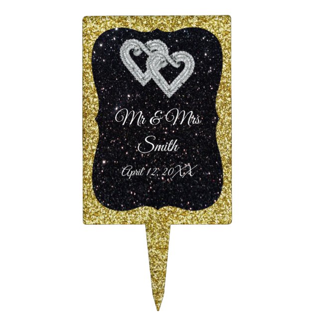 Gold Black Glitter Diamond Hearts Wedding  Cake Topper (Front)