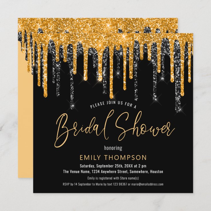 Gold black Glitter Drip Script Bridal Shower Invitation Zazzle