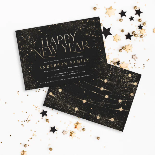 Gold Black Glitter Elegant New Year Party Invitation | Zazzle