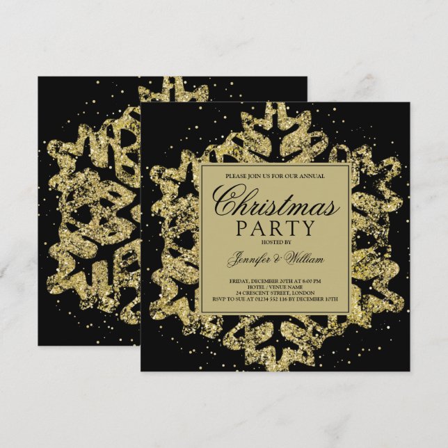 Gold & Black Glitter Elegant Xmas Holiday Party In Invitation (Front/Back)