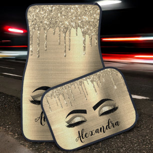 Gold Black Glitter Eyelashes Monogram Name Car Floor Mat