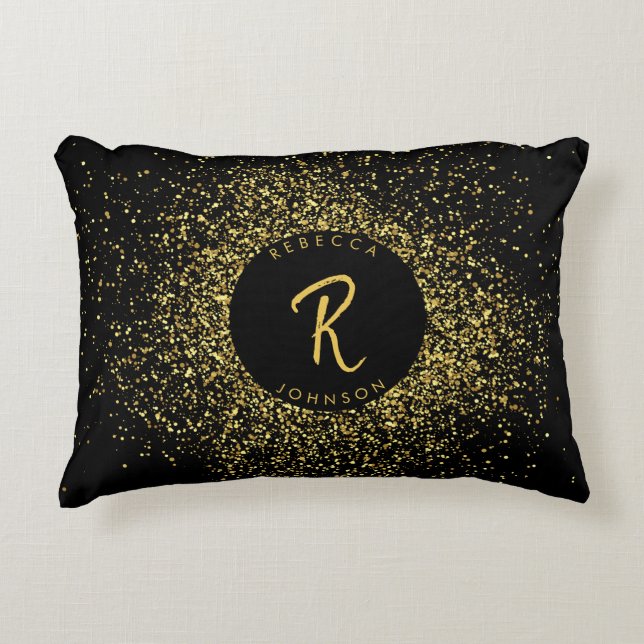 Gold & Black Glitter Frame Monogram Accent Pillow (Front)