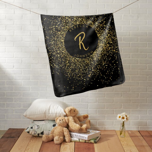 Gold & Black Glitter Frame Monogram Baby Blanket (In Situ)