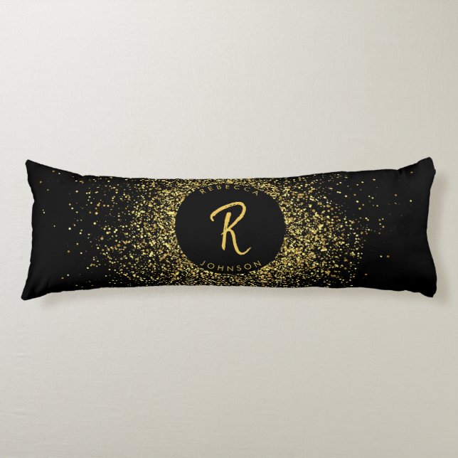 Gold & Black Glitter Frame Monogram Body Pillow (Front)