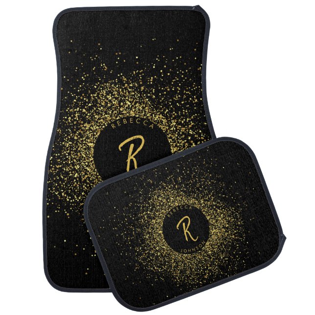 Gold & Black Glitter Frame Monogram Car Floor Mat (Set)