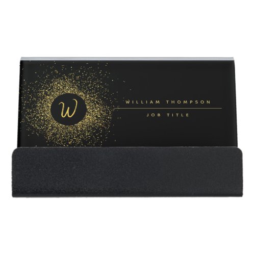 Gold  Black Glitter Frame Monogram Desk Business Card Holder