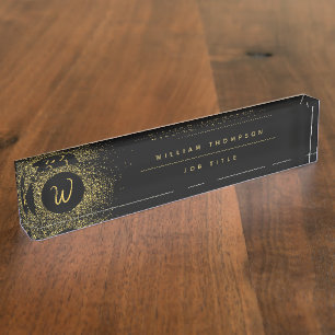 Gold & Black Glitter Frame Monogram Desk Name Plate