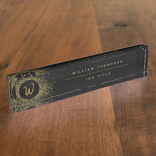 Gold & Black Glitter Frame Monogram Desk Name Plate (Side)