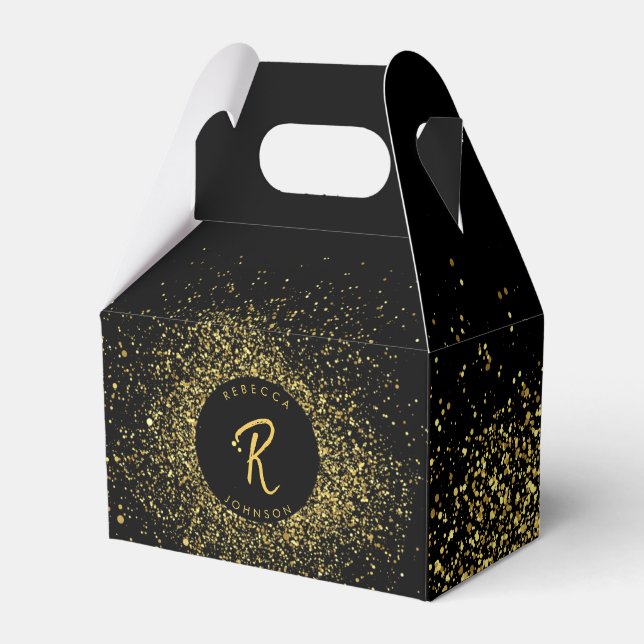 Gold & Black Glitter Frame Monogram  Favor Box (Front Side)