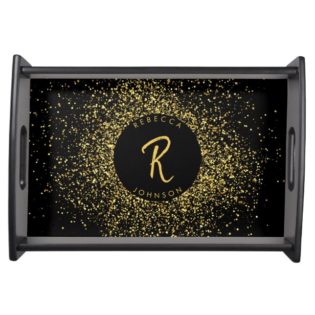 Gold & Black Glitter Frame Monogram Serving Tray (Front)