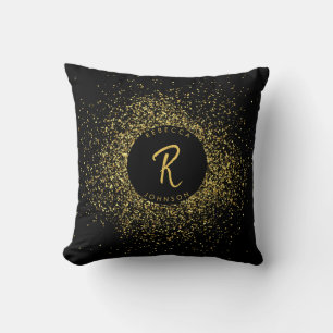 Gold & Black Glitter Frame Monogram Throw Pillow