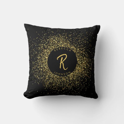 Gold  Black Glitter Frame Monogram Throw Pillow