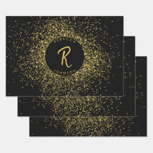 Gold & Black Glitter Frame Monogram Wrapping Paper Sheets