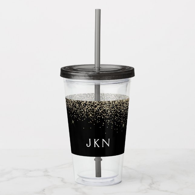 Gold Black Glitter Girly Monogram Initials Acrylic Tumbler (Front)