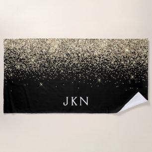 Gold Black Glitter Girly Monogram Initials Beach Towel