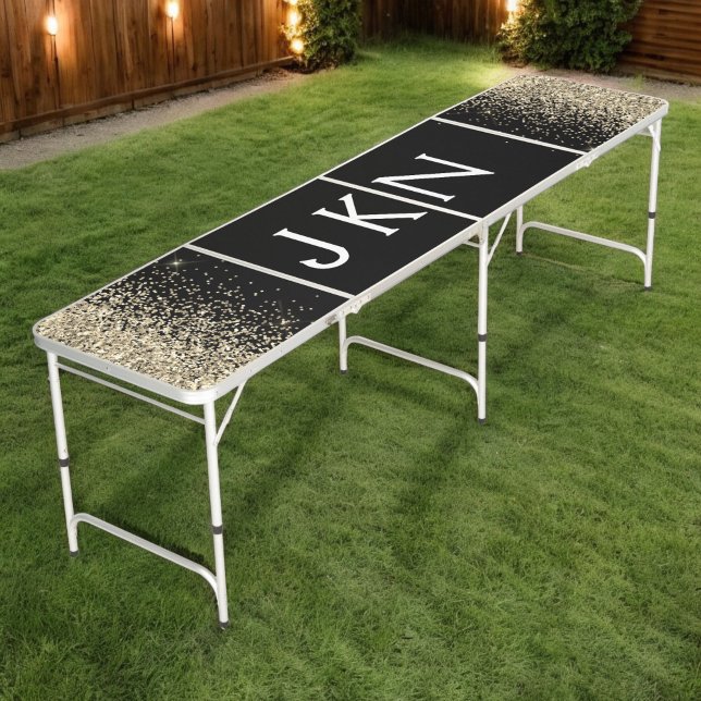 Gold Black Glitter Girly Monogram Initials Beer Pong Table (Creator Uploaded)
