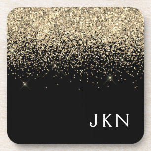 Gold Black Glitter Girly Monogram Initials Beverage Coaster