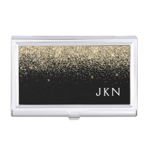 Gold Black Glitter Girly Monogram Initials Business Card Case