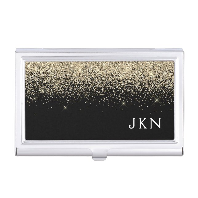 Gold Black Glitter Girly Monogram Initials Business Card Case (Front)