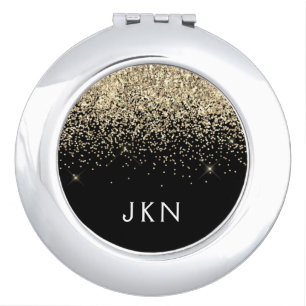 Gold Black Glitter Girly Monogram Initials Compact Mirror