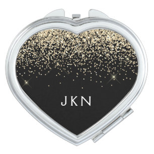 Gold Black Glitter Girly Monogram Initials Compact Mirror