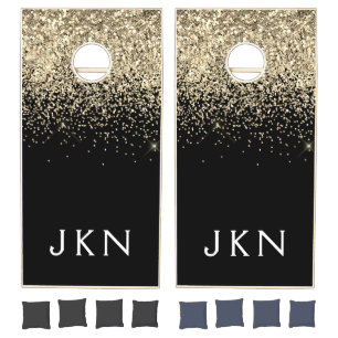 Gold Black Glitter Girly Monogram Initials Cornhole Set