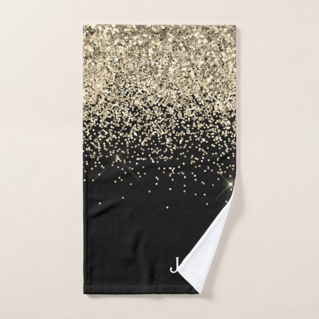 Gold Black Glitter Girly Monogram Initials Hand Towel (Hand Towel)
