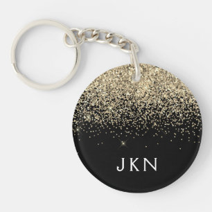 Gold Black Glitter Girly Monogram Initials Keychain