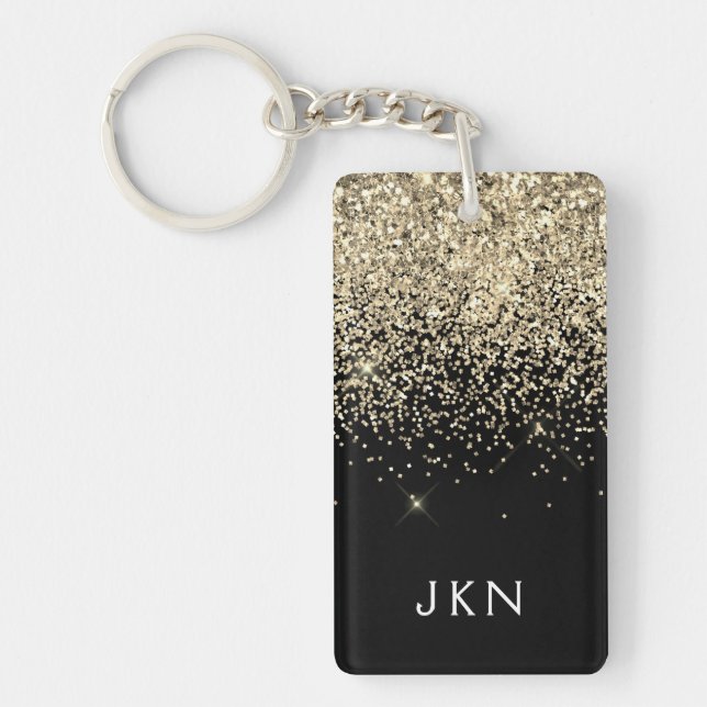 Gold Black Glitter Girly Monogram Initials Keychain (Front)