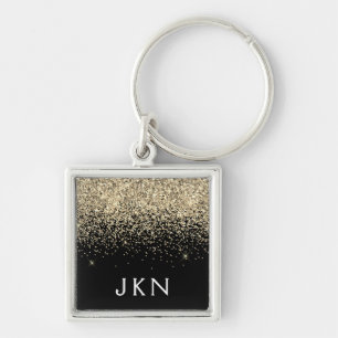 Gold Black Glitter Girly Monogram Initials Keychain