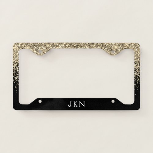 Gold Black Glitter Girly Monogram Initials License Plate Frame