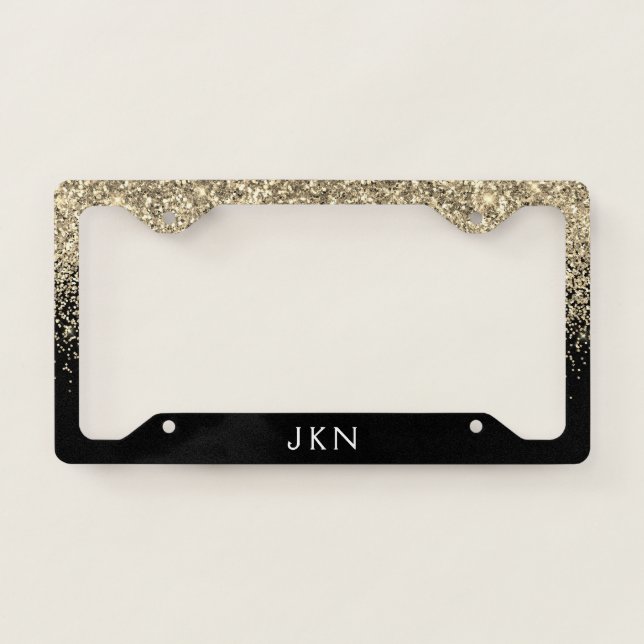 Gold Black Glitter Girly Monogram Initials License Plate Frame (Front)