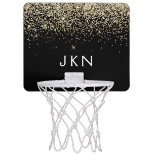 Gold Black Glitter Girly Monogram Initials Mini Basketball Hoop