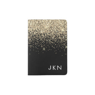 Gold Black Glitter Girly Monogram Initials Passport Holder