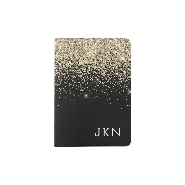 Gold Black Glitter Girly Monogram Initials Passport Holder (Front)