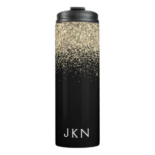 Gold Black Glitter Girly Monogram Initials Thermal Tumbler
