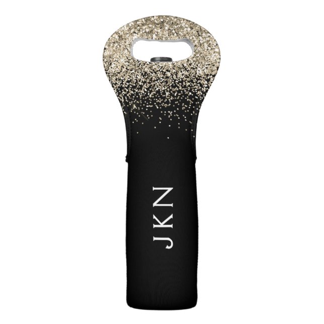 Gold Black Glitter Girly Monogram Initials Wine Bag (Front)