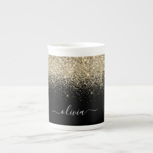 Gold Black Glitter Girly Monogram Name Bone China Mug